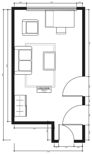 Dimensioned floor plan of the living room with furniture